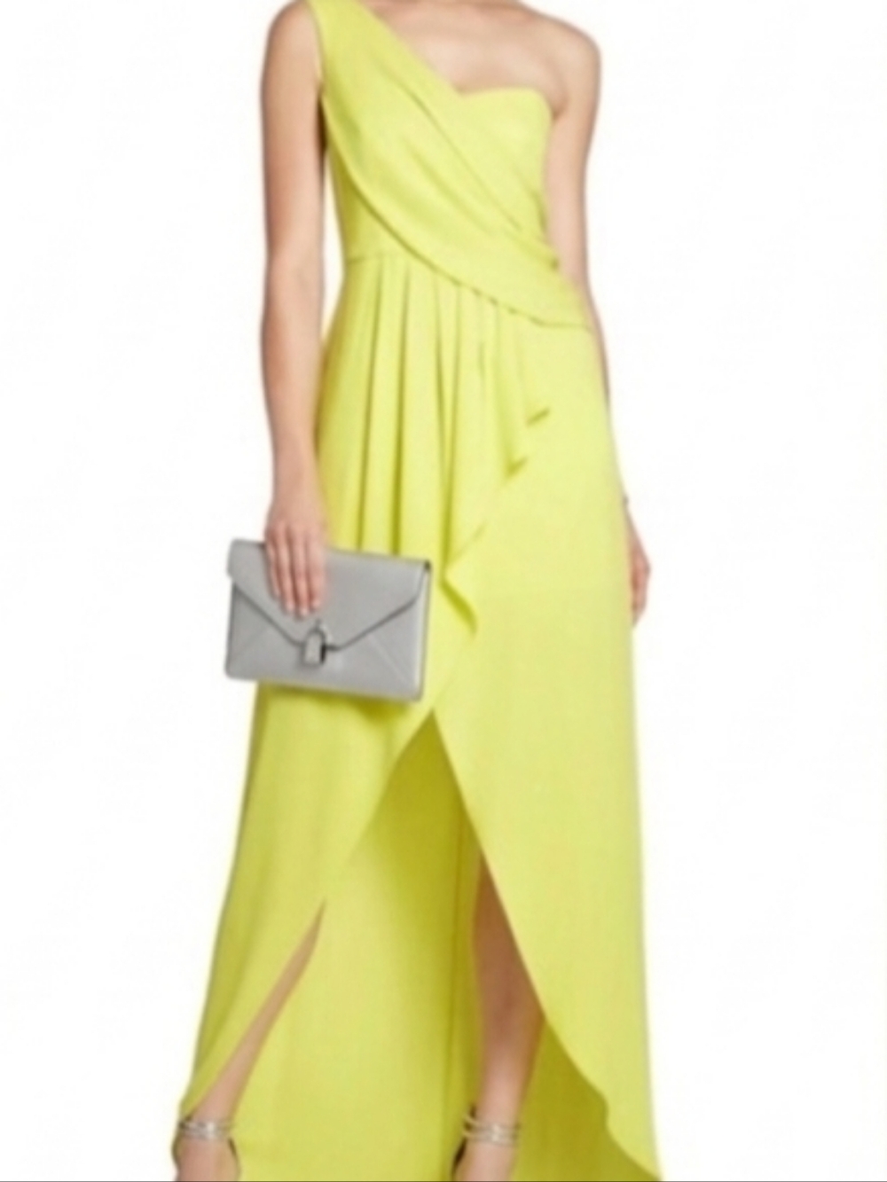 BCBGMaxAzria One-Shoulder Chartreuse Draped Evening Gown